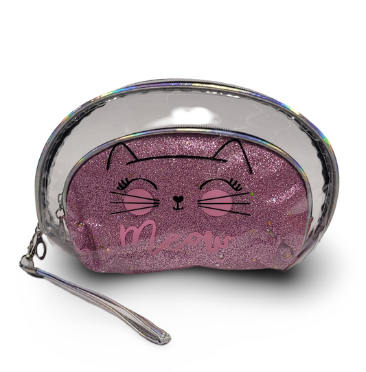 Make Up Pouch 3 Piece Set Baby Pink Glitter Meow Print