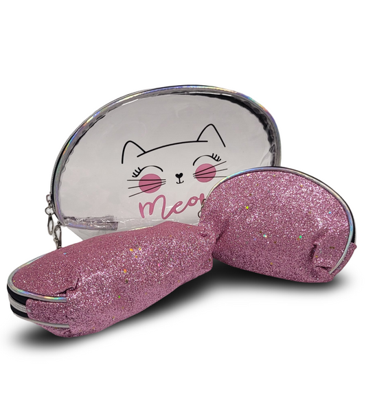 Make Up Pouch 3 Piece Set Baby Pink Glitter Meow Print
