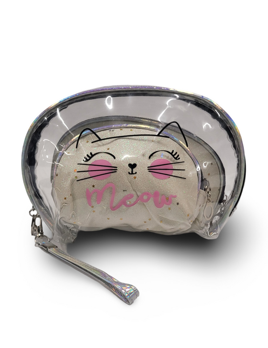 Make Up Pouch 3 Piece Set Half White Glitter Meow Print