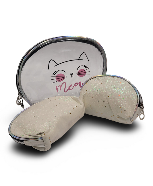 Make Up Pouch 3 Piece Set Half White Glitter Meow Print