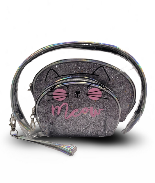 Make Up Pouch 3 Piece Set Grey Glitter Meow Print