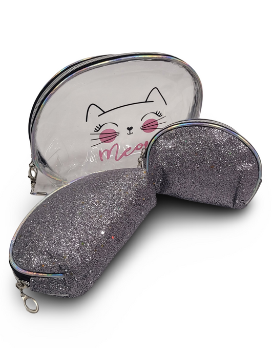 Make Up Pouch 3 Piece Set Grey Glitter Meow Print