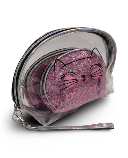 Make Up Pouch 3 Piece Set Baby Pink Glitter Meow Print