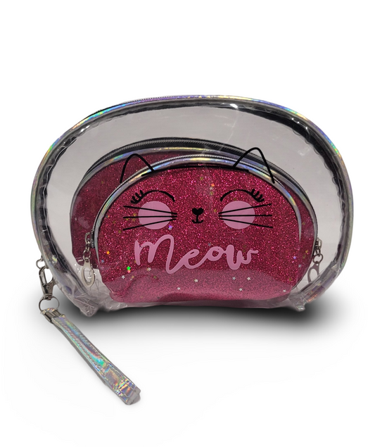 Make Up Pouch 3 Piece Set Sharp Pink Glitter Meow Print