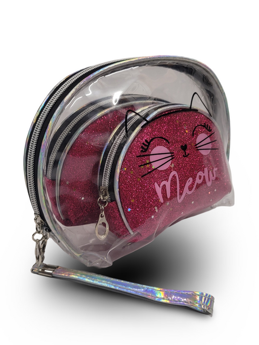 Make Up Pouch 3 Piece Set Sharp Pink Glitter Meow Print