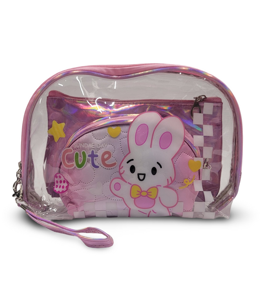 Make Up Pouch 3 Piece Set Baby Pink Rabbit Print