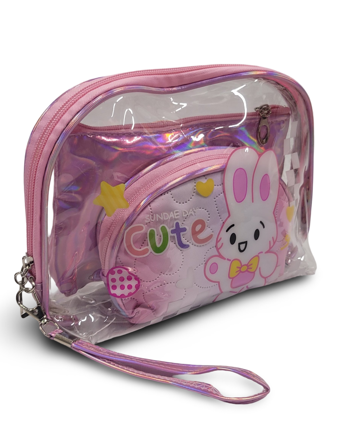Make Up Pouch 3 Piece Set Baby Pink Rabbit Print