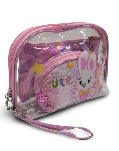 Make Up Pouch 3 Piece Set Baby Pink Rabbit Print