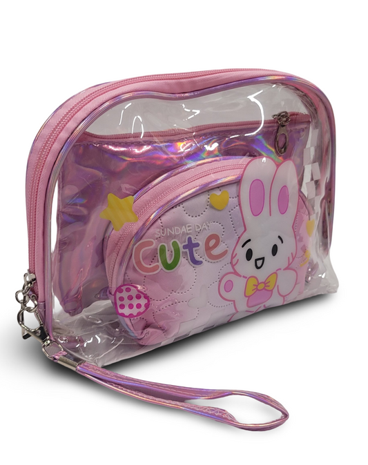 Make Up Pouch 3 Piece Set Baby Pink Rabbit Print