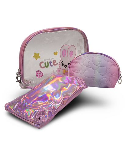 Make Up Pouch 3 Piece Set Baby Pink Rabbit Print