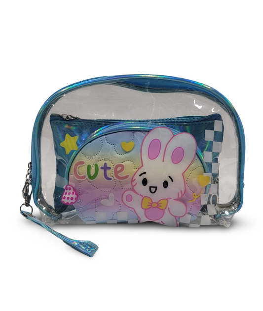 Make Up Pouch 3 Piece Set Blue Rabbit Print