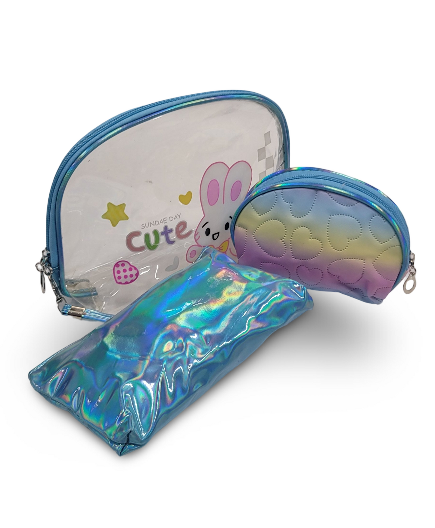 Make Up Pouch 3 Piece Set Blue Rabbit Print