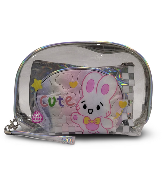 Make Up Pouch 3 Piece Set Silver Rabbit Print