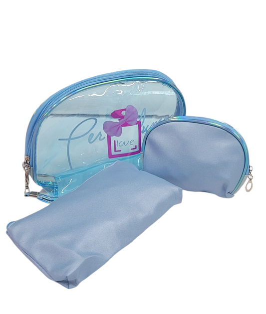 Make Up Pouch 3 Piece Set Blue Perfume Print