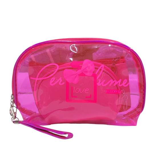 Make Up Pouch 3 Piece Set Sharp Pink Perfume Print