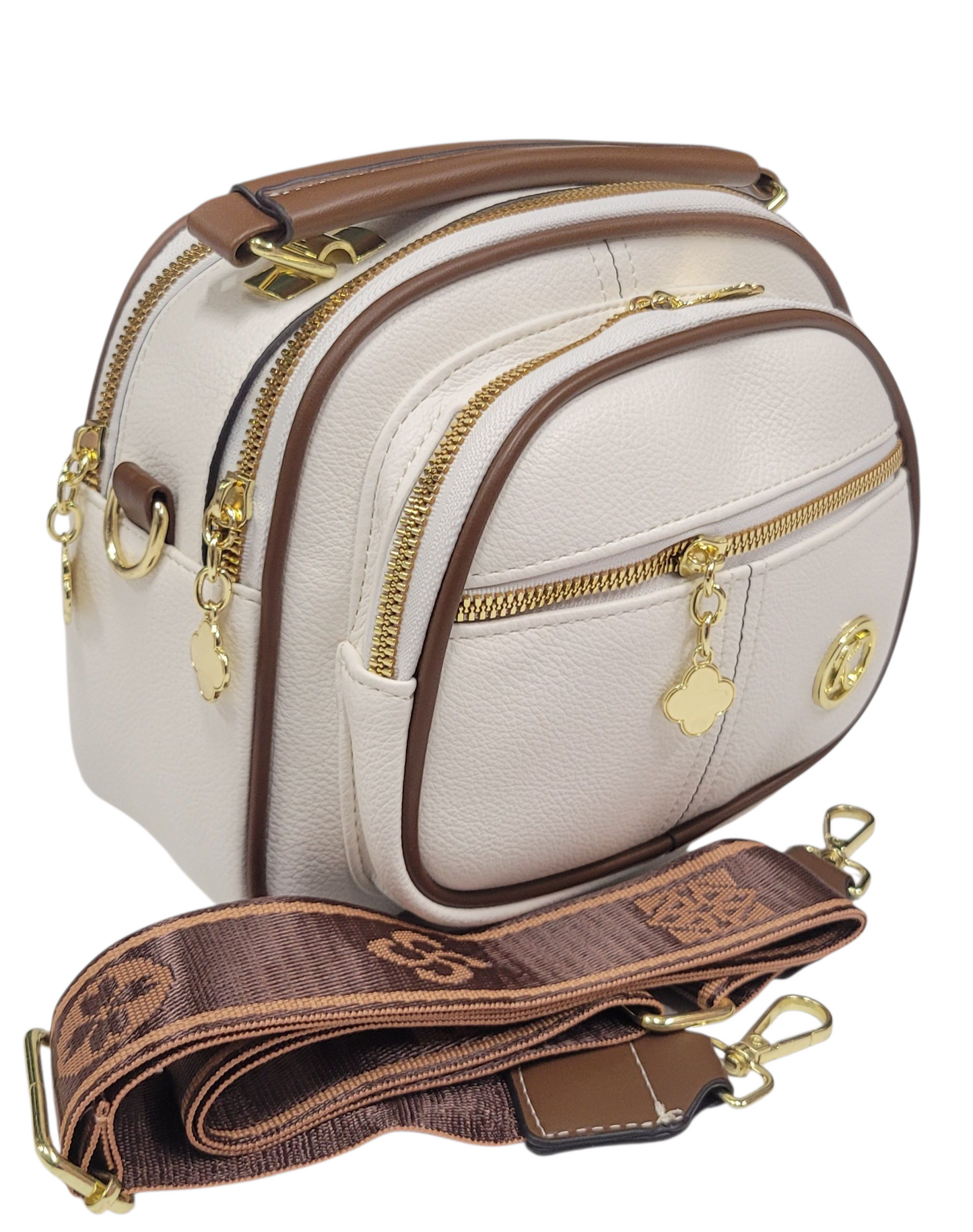 Cross Body Bag White 3 Zipper