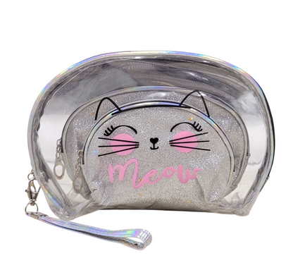 Make Up Pouch 3 Piece Set Silver Glitter Meow Print