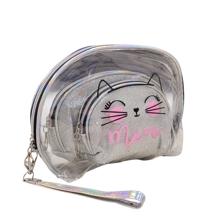 Make Up Pouch 3 Piece Set Silver Glitter Meow Print