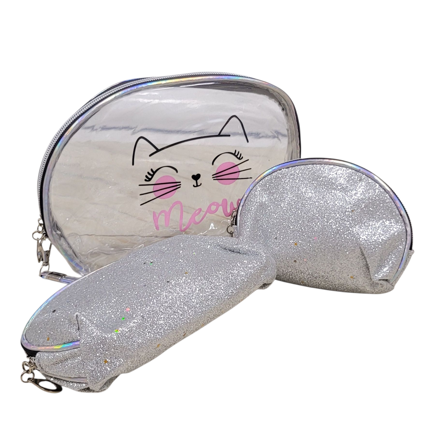 Make Up Pouch 3 Piece Set Silver Glitter Meow Print